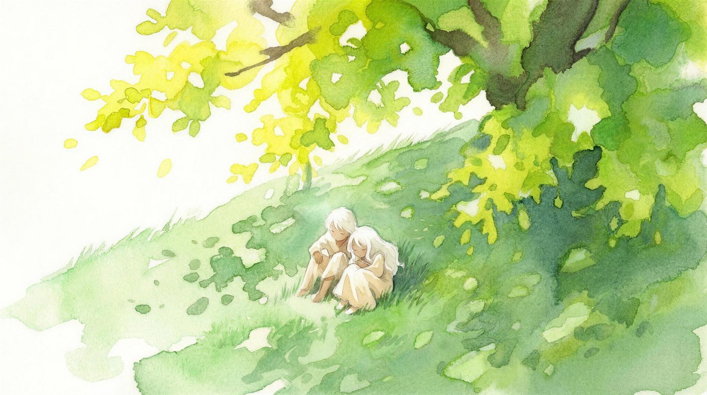 『Lura』より — 木かげにすわるふたり(水彩)