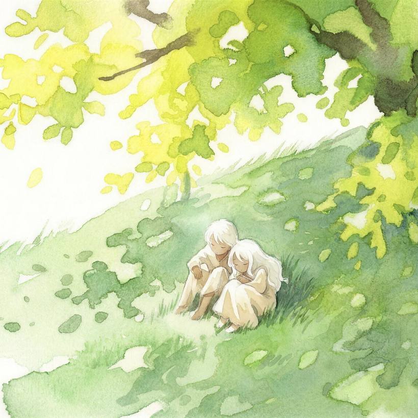 木かげの丘にすわるふたり