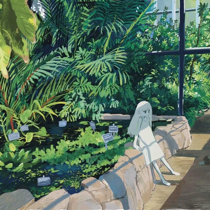 温室の池のほとりに腰かける少女