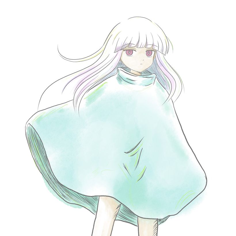 ミント色のケープをまとった少女